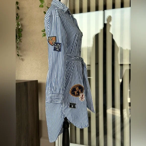 Polo by Ralph Lauren Striped Asymmetrical Shirt Dress with pockets and Patches - Picture 8 of 15